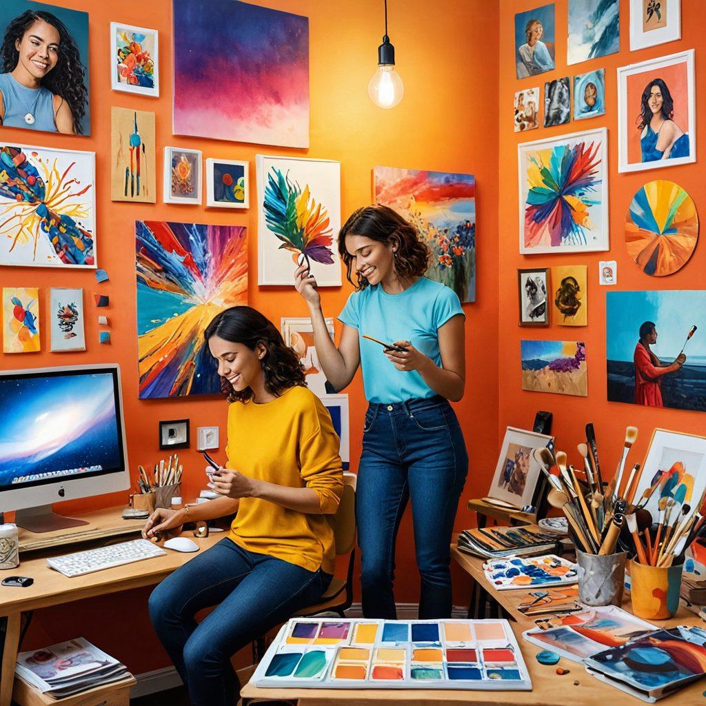 A vibrant and dynamic collage showcasing diverse artists passionately engaged in creating visual art. Include images of various mediums: painting, digital art, and photography, all intertwined with colorful social media icons symbolizing engagement. The background should portray an inspiring art studio filled with creativity, featuring brushes, canvases, and a warm, inviting atmosphere. Bright hues to evoke excitement and expression. super-realistic. vibrant colors.